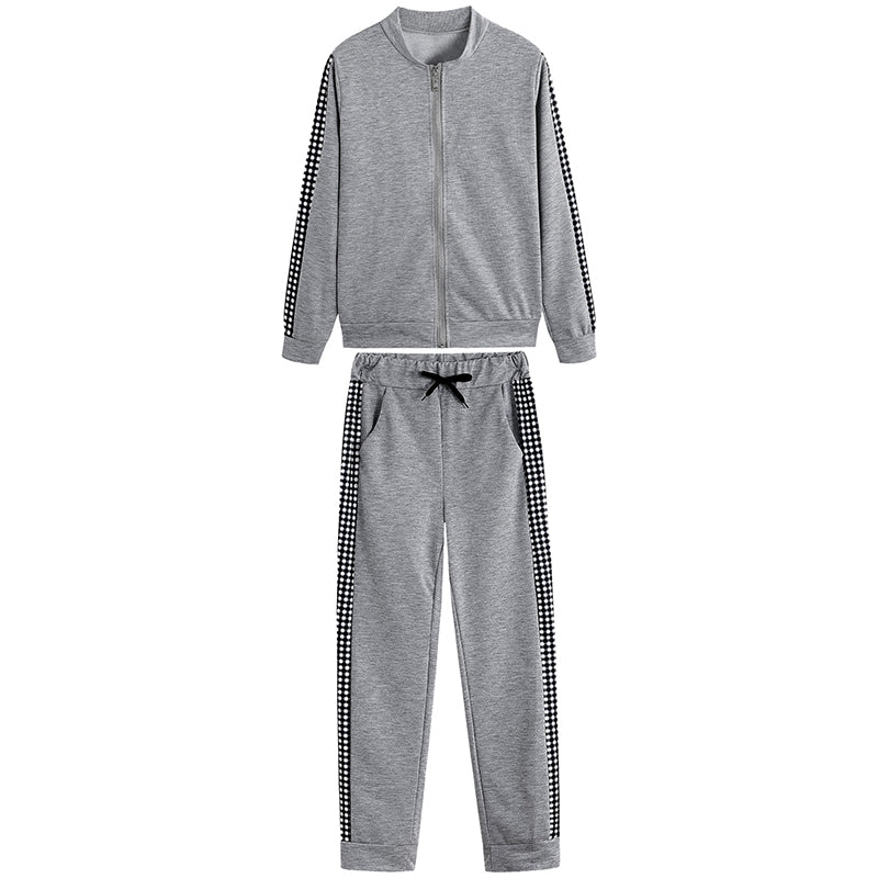 Print & Plaid Zip-Front Top and Tie-Waist Pants Set, 2-Piece Casual Loungewear For Women Spring And Fall