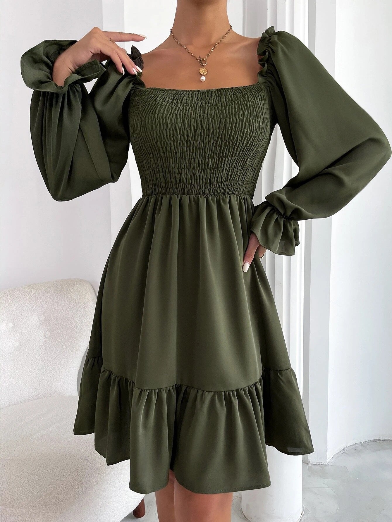 Flared Long Sleeve Women Square Neck Ruffled Swing Dresses