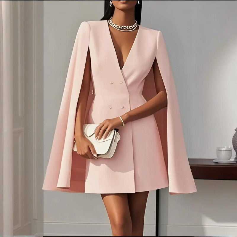 Women's Elegant Solid Color V Neck Cape Blazer Dresses. Spring & Summer Party Banquet Outfit