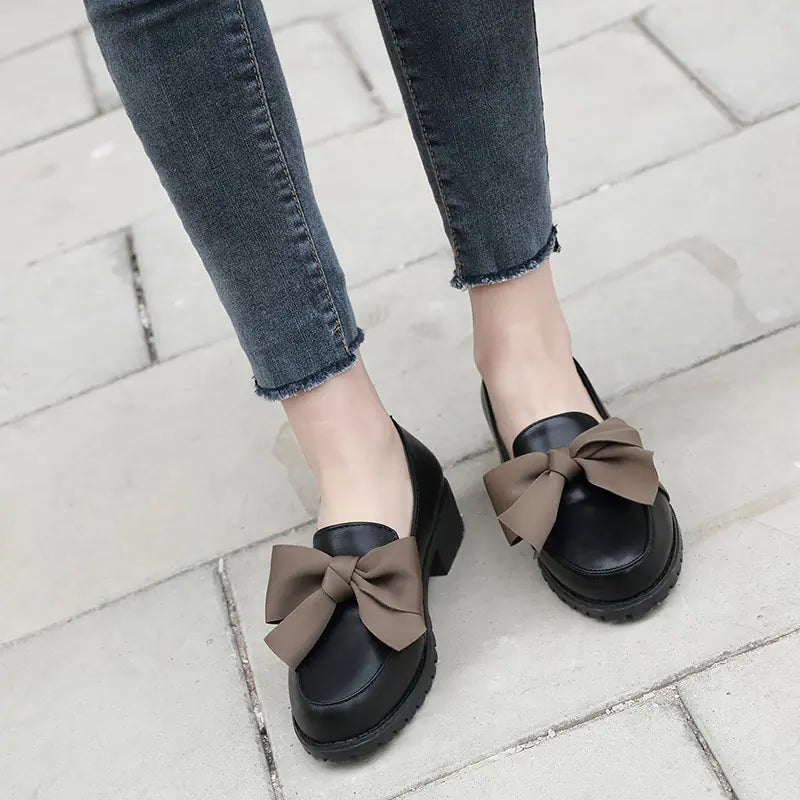 Vintage Bow Slip-On Loafers for Women (Chunky Heels)