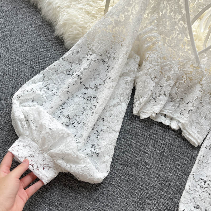 Solid Color Elegant V-Net Lantern Sleeve Lace Top - Sheer Back Tie Detail Women's Fashion Blouse