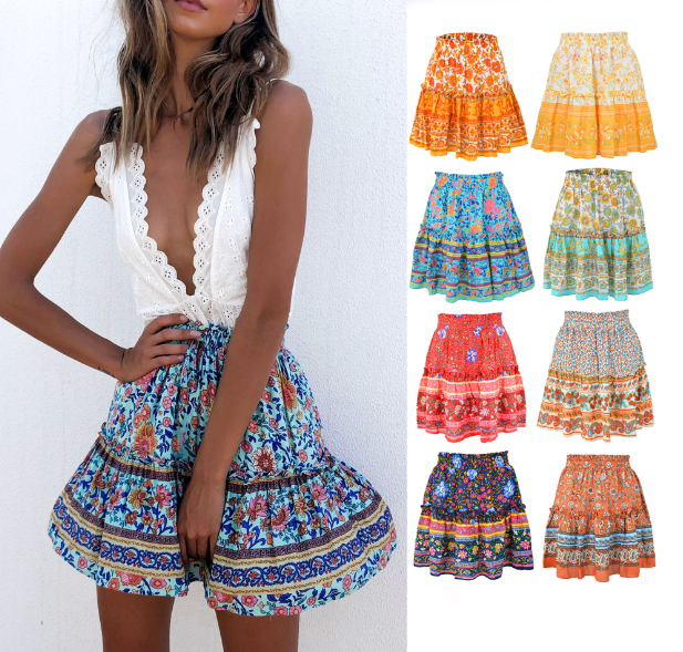 Floral Ruffled Hem Short Skirt with Patchwork Design