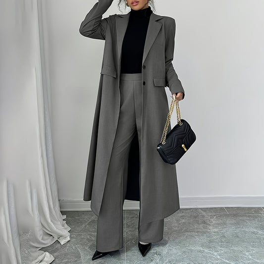 Women's 2 Piece Suit Set. Long Blazer Jacket And Straight Leg Pants, Business Formal Office Outfits For Work, NO Lining
