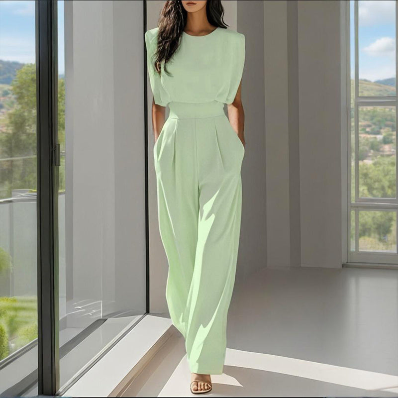 Women's Solid Color Round Neck Jumpsuits. Short Sleeve Wide-Leg, Waist Design & Pockets Casual Romper For Spring & Summer