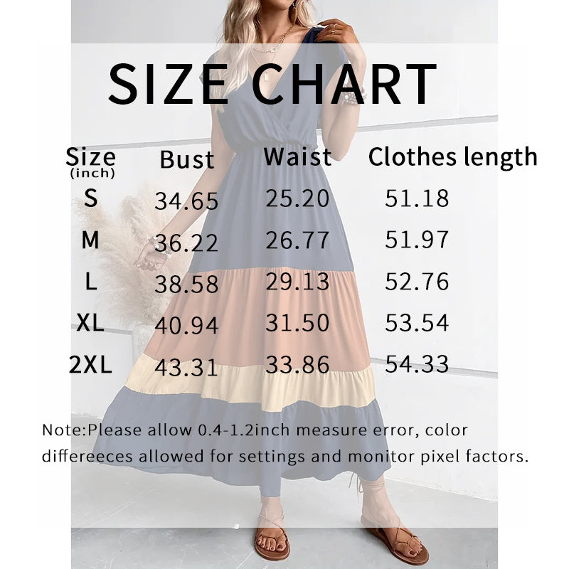 Women's Color Block Maxi Dresses V Neck Sleeveless Tiered Casual Dresses Loose Sundress