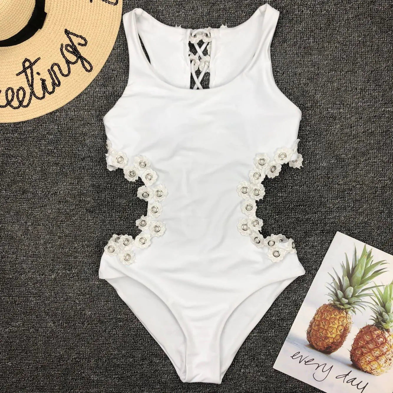 Backless Floral Embellished One-Piece Swimsuit for Women