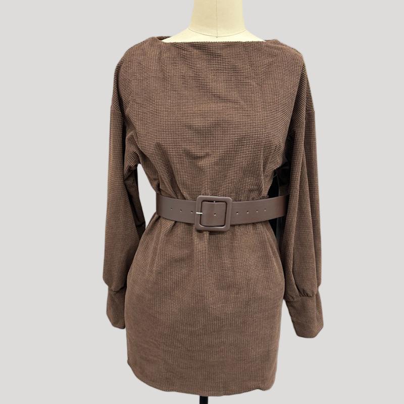 Women's Brown Bodycon Mini Dress, Boat Neck Long Sleeve Casual Dress With Belt