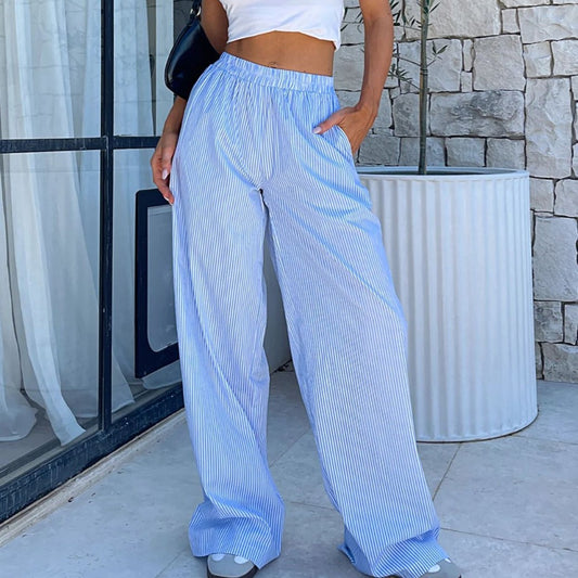 Fashion Y2K Striped Straight Trousers. Summer Elastic High Waist Wide Leg Pants For Women