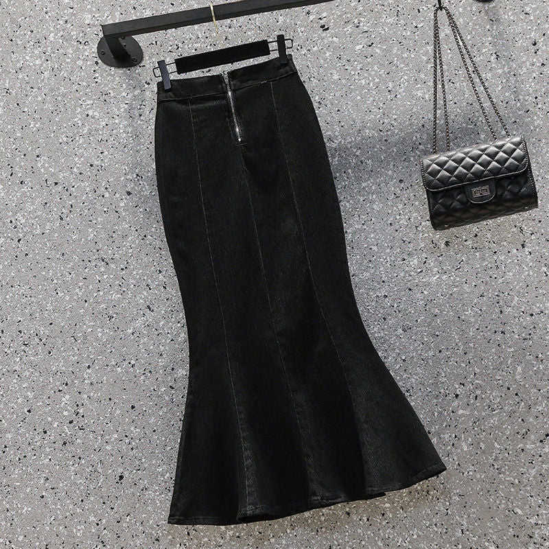 Ruffled High-Waist Denim Midi Skirt