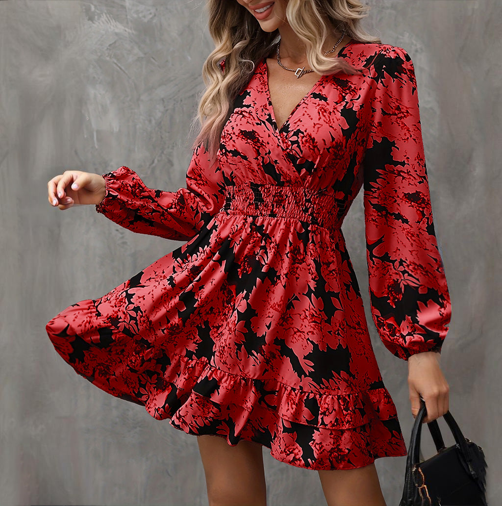 Women's Elegant Printed Lantern Sleeve A-Line Dress. V-Neck, Ruffled Gathered Waist Detail, Flowy Midi Dress For Casual & Formal Occasions