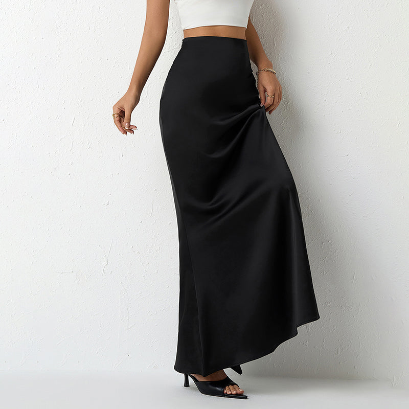 Women's Elegant Satin High Waist Skirt. Flared Midi Cocktail Party Wedding Long Skirt