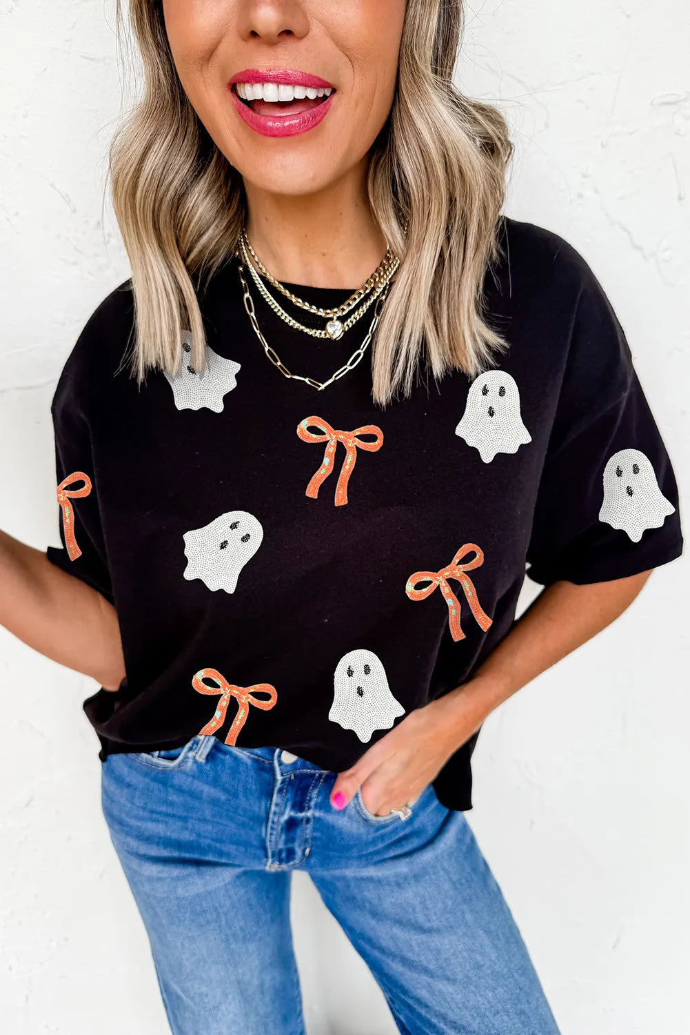 Black Sequin Bow Ghost Patched Halloween Graphic Top