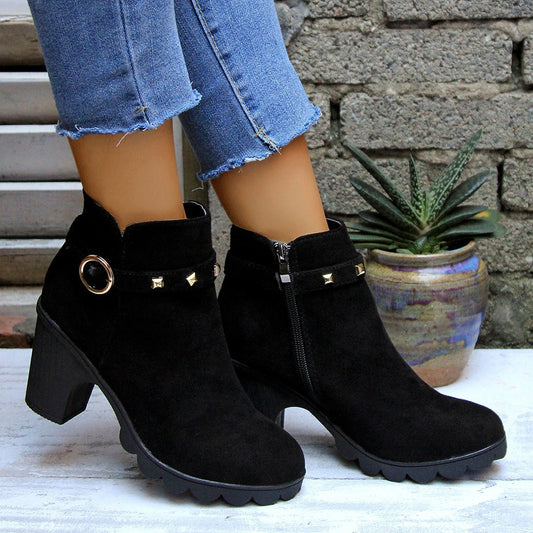 Women's Chunky Heel Round Toe Side Zipper Ankle Boots