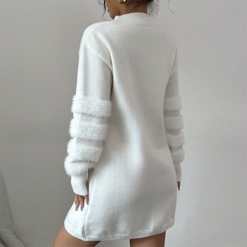Women's Plush Long Sleeve Mini Dress, Solid Color A-Line Fitted Dress, With Faux Fur Trim For Winter Parties