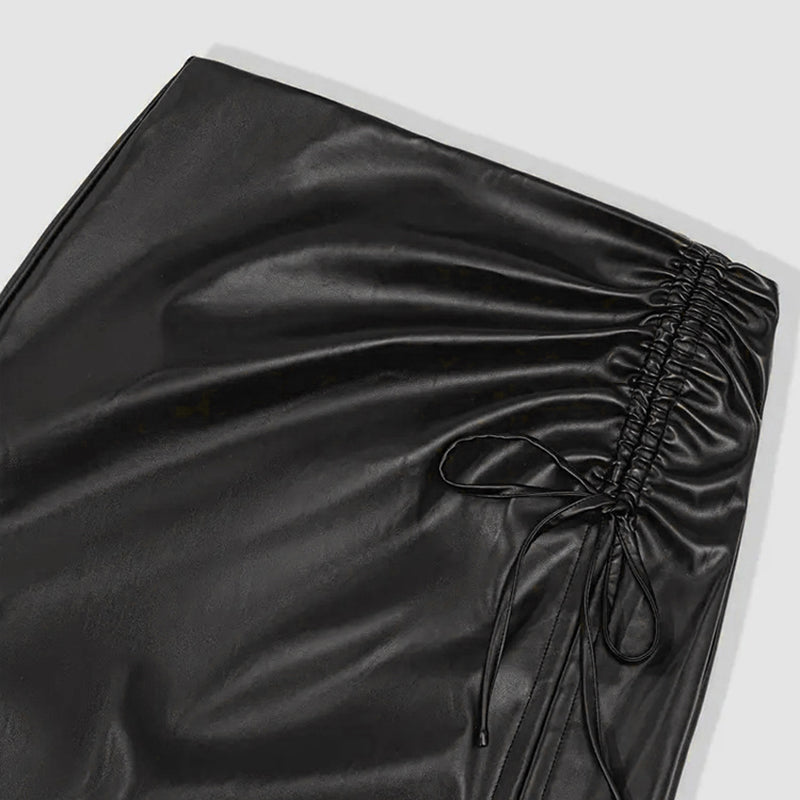 Women's Solid Color PU Leather Pencil Skirt, Drawstring Waist Bodycon Midi Skirt With Slit Hem