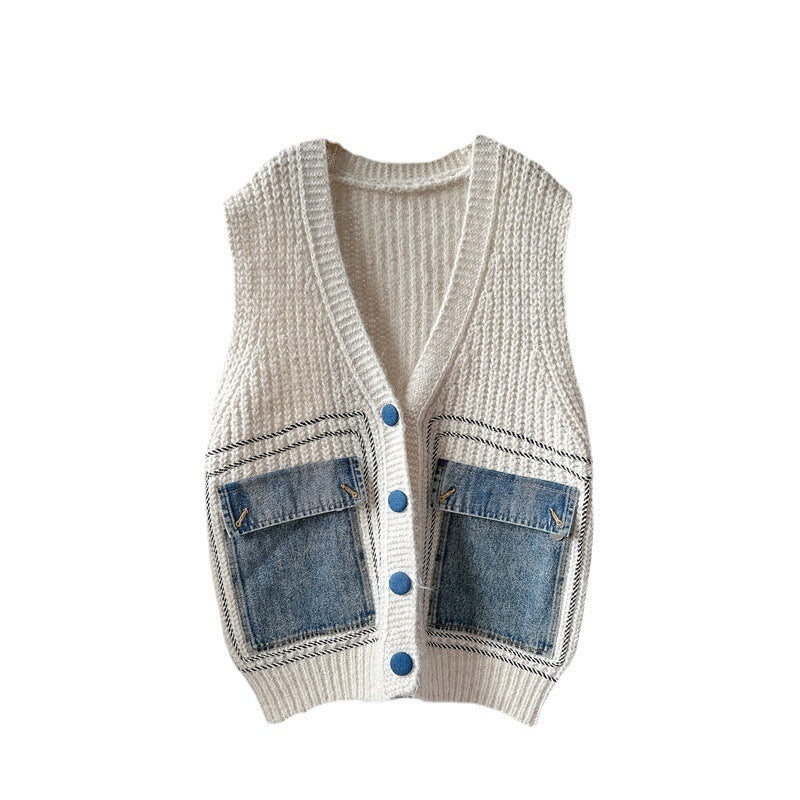 Denim Patchwork Knitting Vest Coat Women