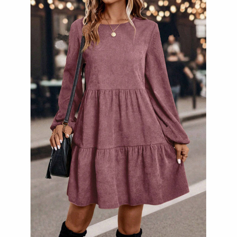 Women's Corduroy Mini Dress - Fall Winter A-Line Long Sleeve Dress, Round Neck