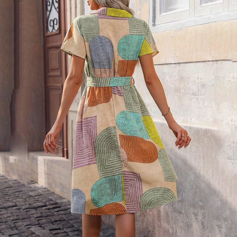 Women's Bohemian Floral Midi Dress. V-Neck Short Sleeve Casual Dress, Slight Stretch Woven Fabric with Vibrant Print for Summer