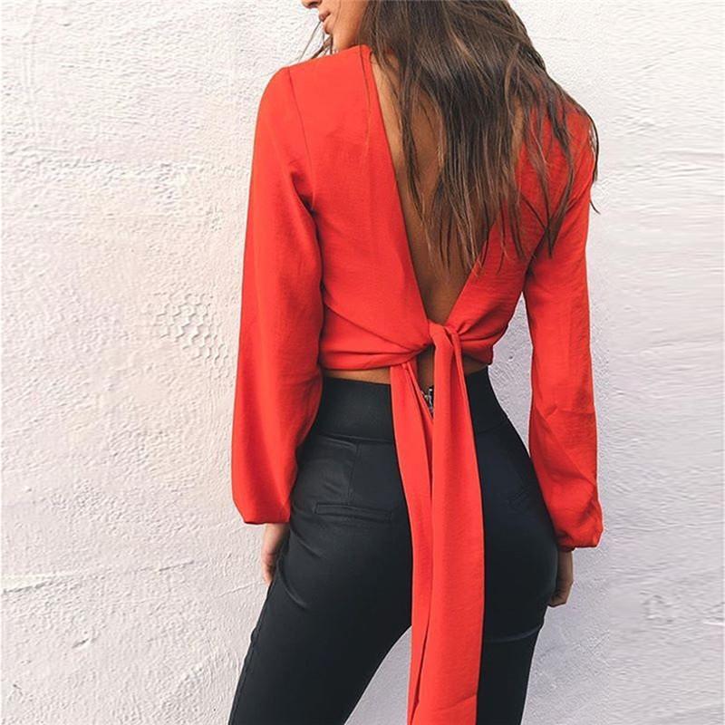 Women's Long Sleeve Chiffon Blouse with Waist Cut