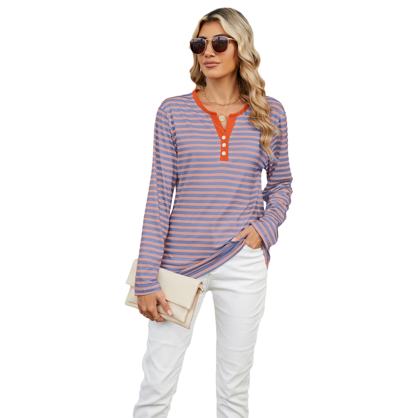 Women's V-neck Striped Loose Long-sleeved T-shirt Tops