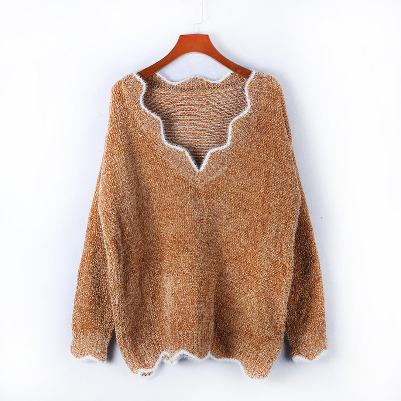 V-Neck Pullover Sweater, Knit Casual Tops, Multi-Color
