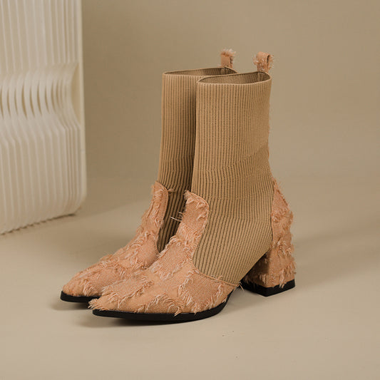 Women's Fringe And Knit Combination Mid-Calf Boots, Boho Chunky Block Heels