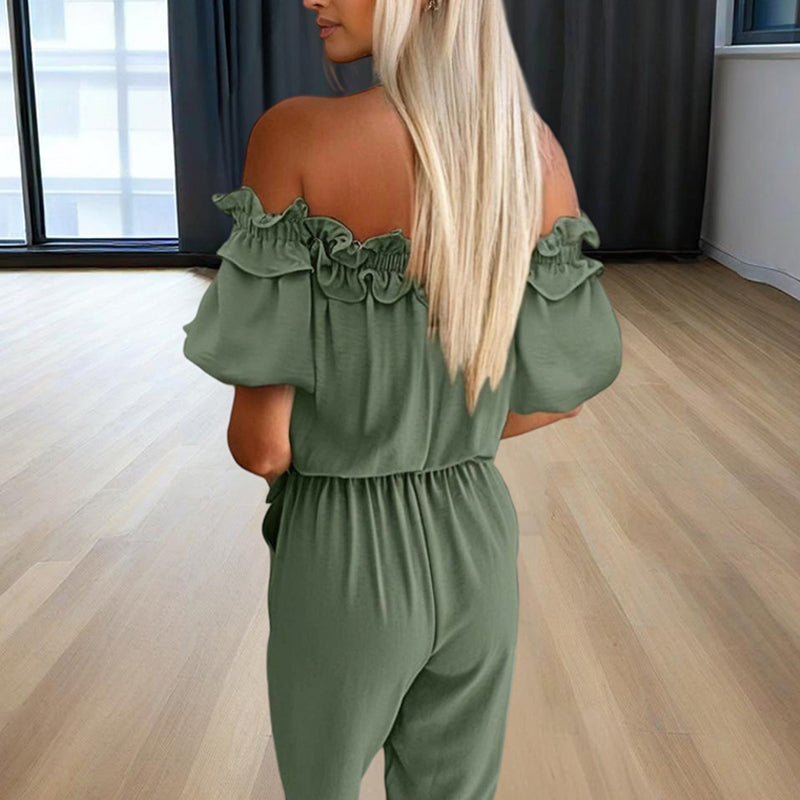 Women's Solid Color Elegant Off-Shoulder Jumpsuit. Ruffle Sleeves & Tie-Waist Summer Casual Romper
