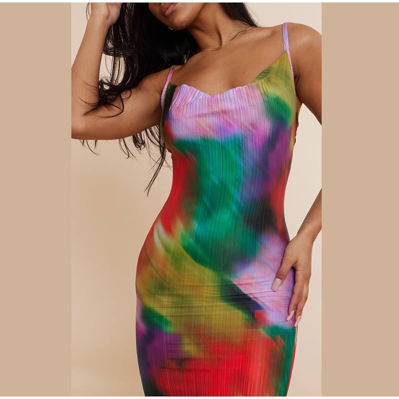 Women's Print Pleated Slim Fit Cami Dress HY009
