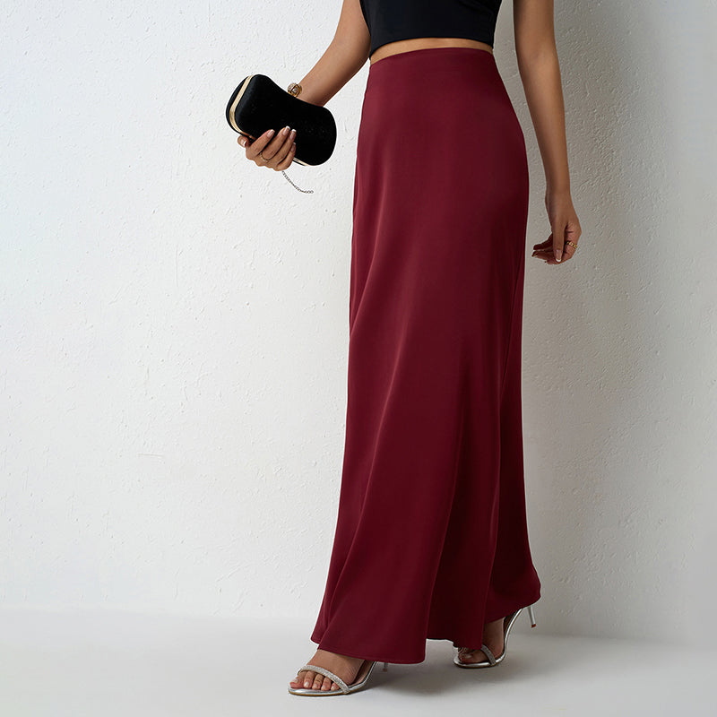 Women's Elegant Satin High Waist Skirt. Flared Midi Cocktail Party Wedding Long Skirt