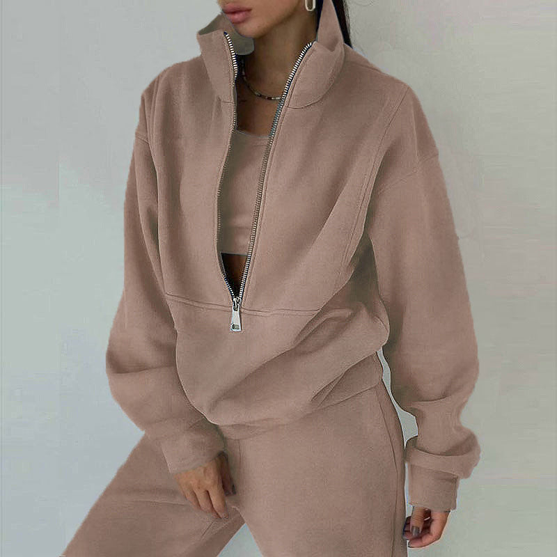Zip Neck Long Sleeve Sweatshirt & Slim Fit Pants Set - 2 piece Sporty Streetwear women Outfit For Fall & Winter