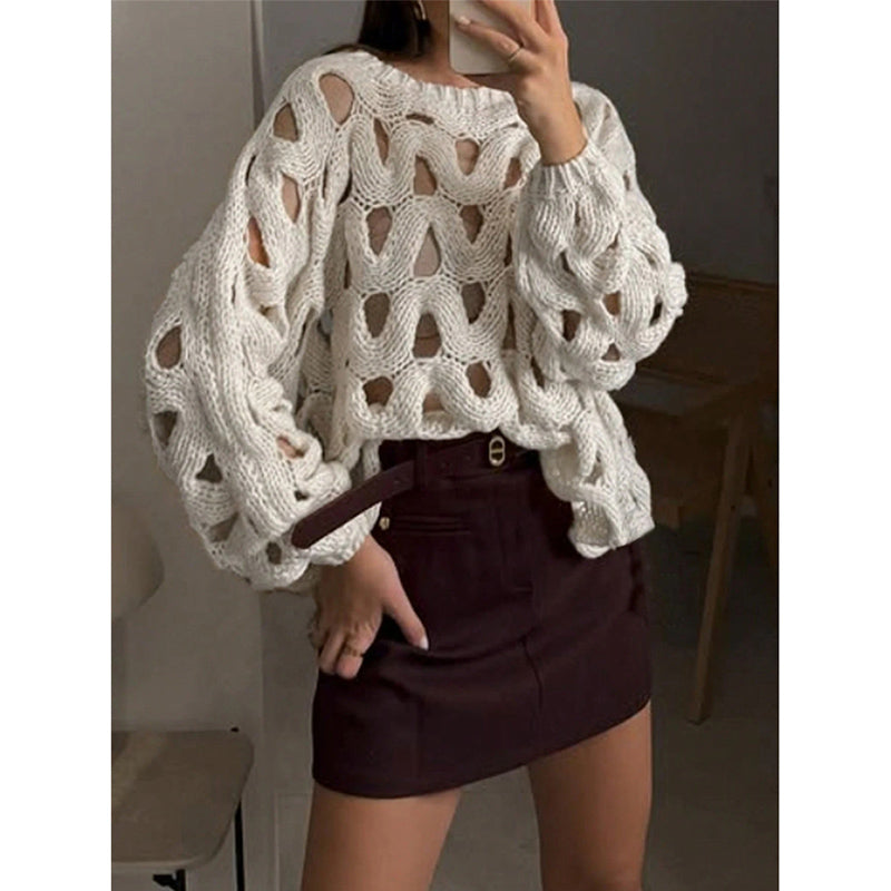 Womens Crewneck Elegant Soft Sweater. Long Sleeve Hollow Out Crochet Knit Pullover Tops