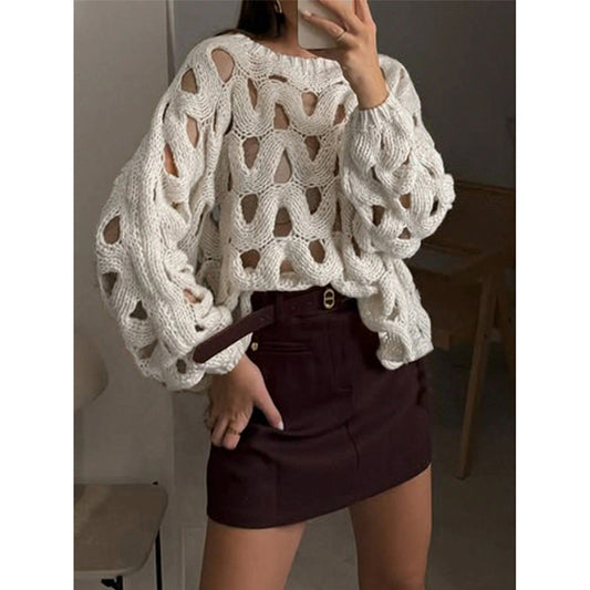 Womens Crewneck Elegant Soft Sweater. Long Sleeve Hollow Out Crochet Knit Pullover Tops