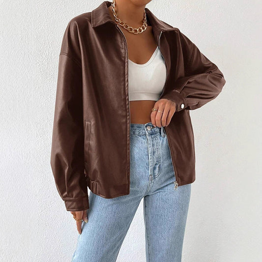 PU Leather Coat.  Retro Biker's Long Sleeve Zipper Lapel Jacket