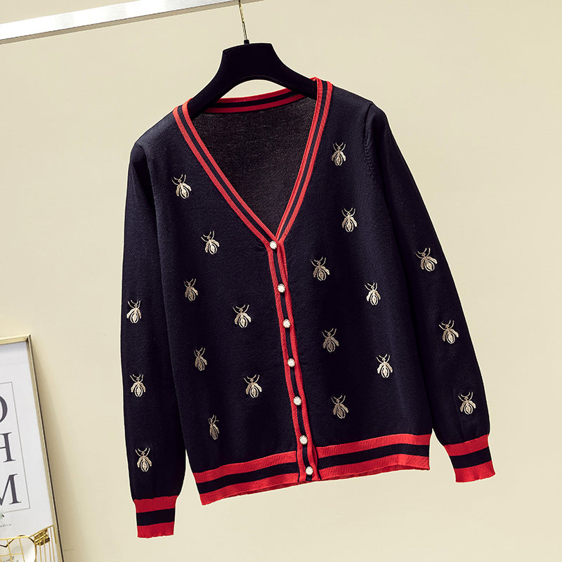 Women's Bee Embroidery Contrast Knit Cardigan Sweater