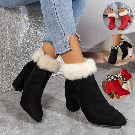 Plaid Print Plush Ankle Winter Boots. Heel Suede Women Boots