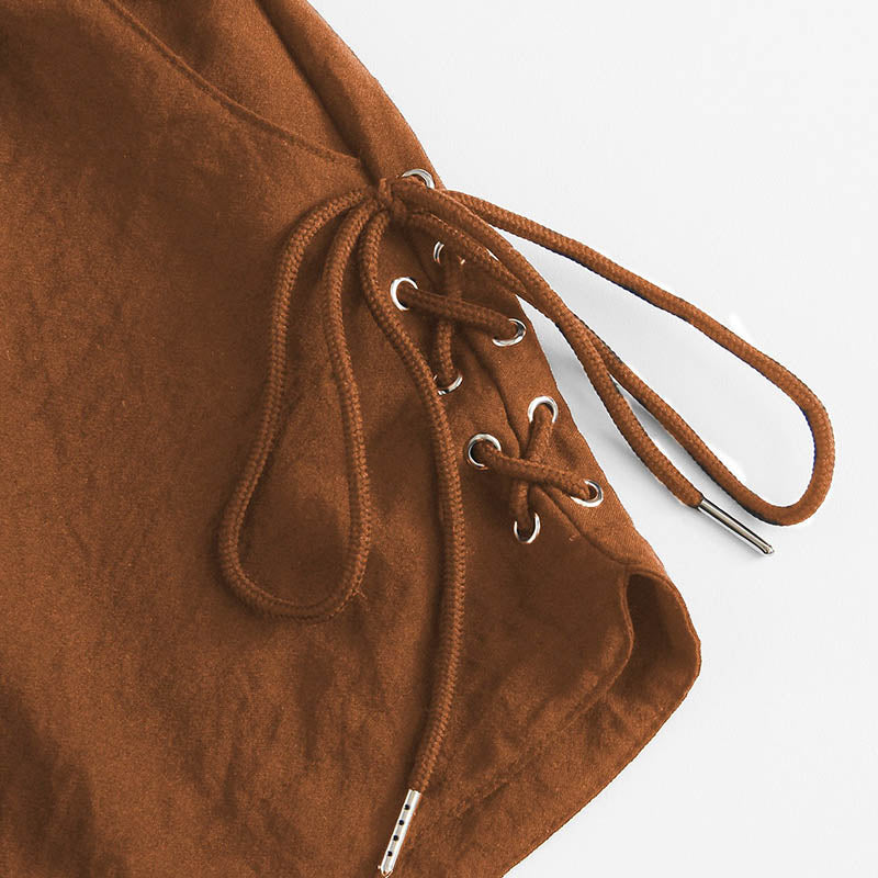 Brown Lace-Up Edge Shorts with Eyelet Detail