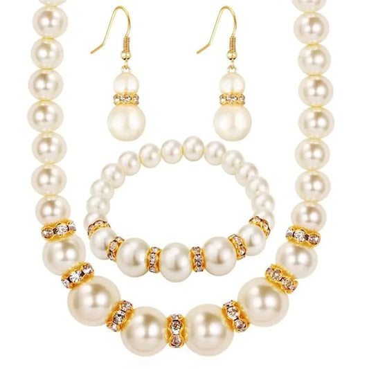 3 Pcs/Set Elegant Round Abs Imitation Pearl Acrylic Necklace Earrings Bracelet for Women. Wedding Engagement Jewellery Set