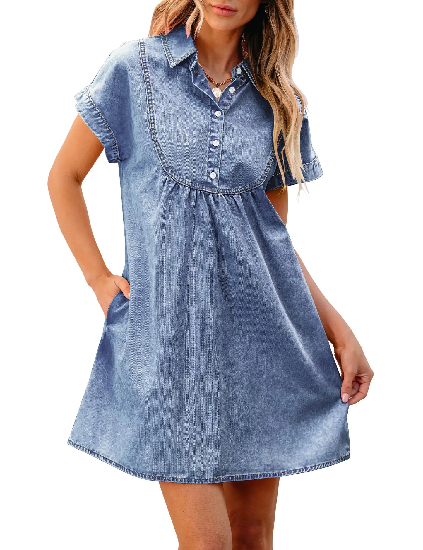Denim Casual Short Dress for women. Jean Short Sleeve Blue Dresses. Bay Blue Size X-Large Fits Size 16 / Size 18