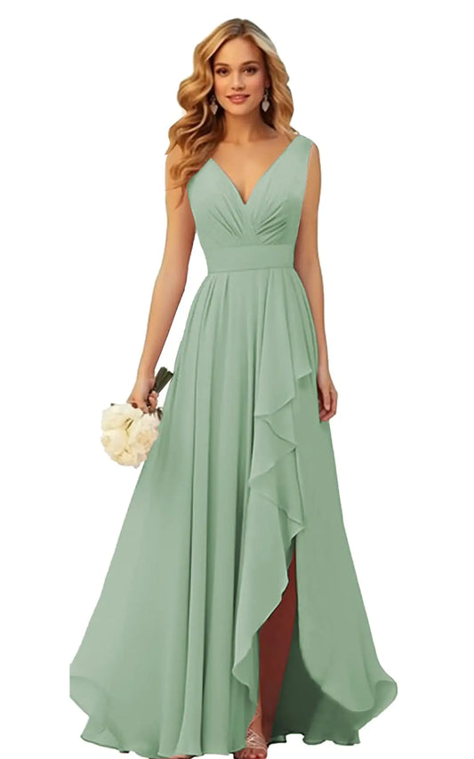 Chiffon Sage Green Bridesmaid Dress. High Low Ruffle Long Formal Evening Dress
