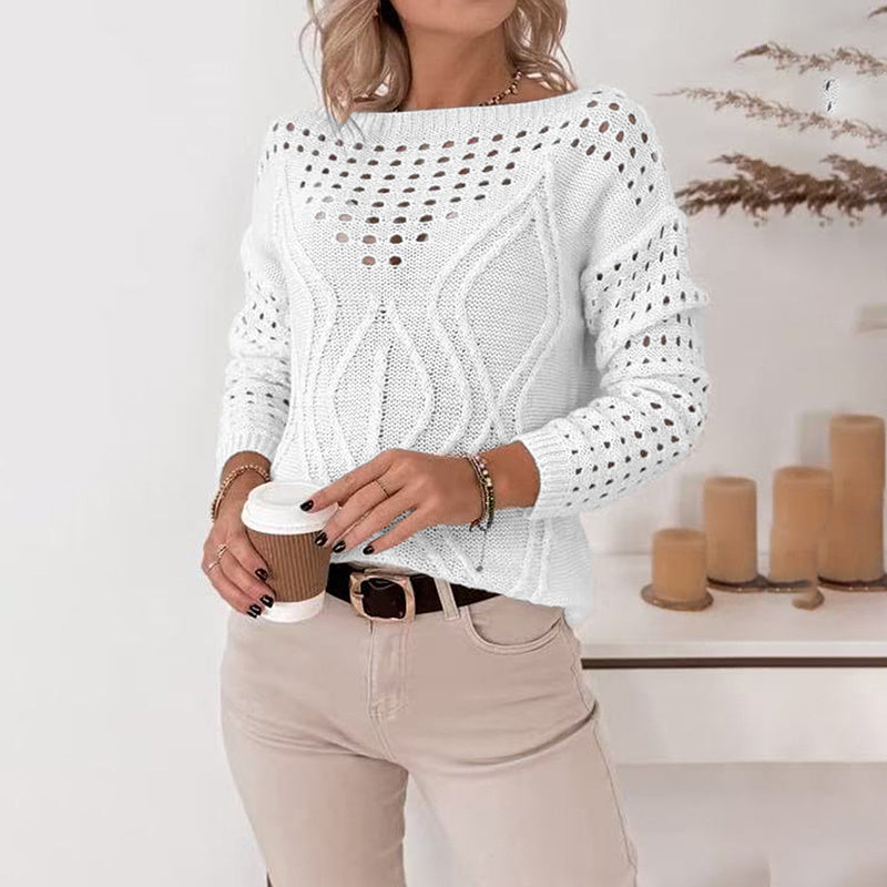 Women's Casual Long Sleeve Crew Neck Blouse. Lightweight Hollow Out Pullover Sweater Tops