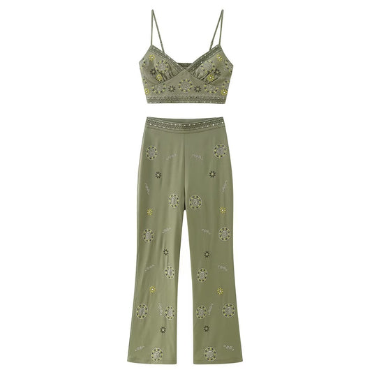 Women's Embroidered Cami and Straight Pants Set