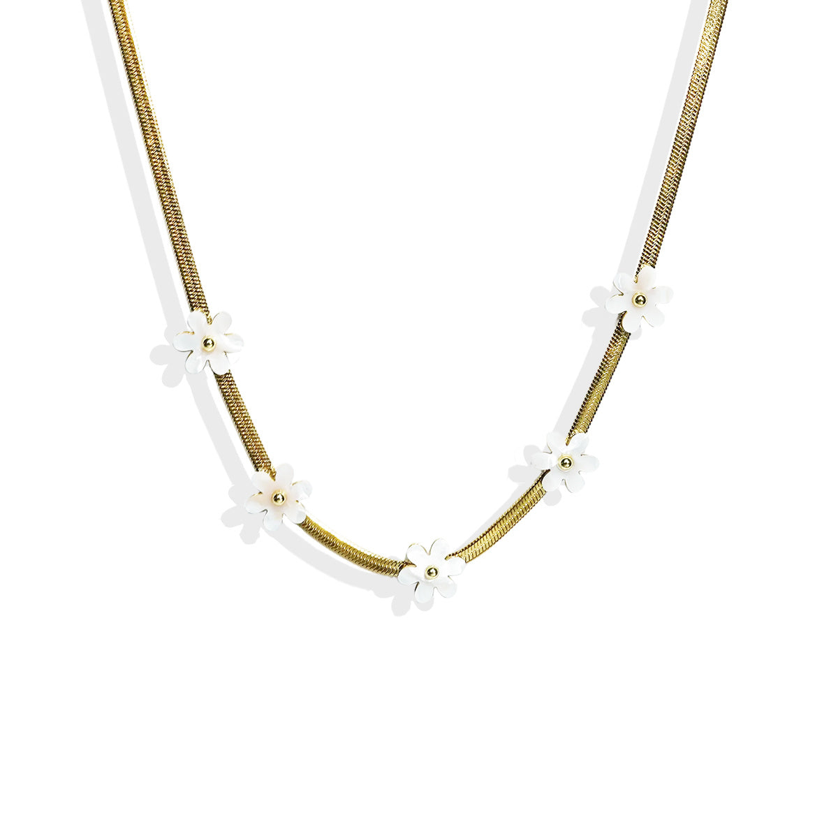 Lxalry 18K Gold Plated Bohemian Floral Stainless Steel Necklace. Skin Safe White Blossom Charms  Hypoallergenic jewelry
