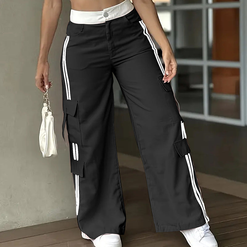 Women's Striped Straight Leg Pants. Button Zip With Pocket, Casual Trousers For Spring And Fall