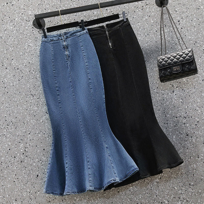 Ruffled High-Waist Denim Midi Skirt