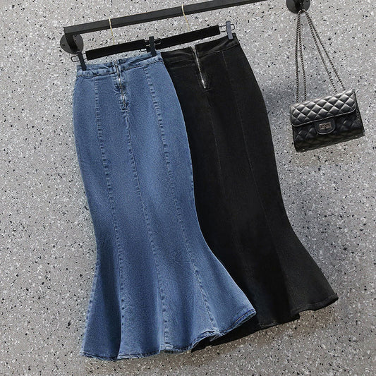 Ruffled High-Waist Denim Midi Skirt