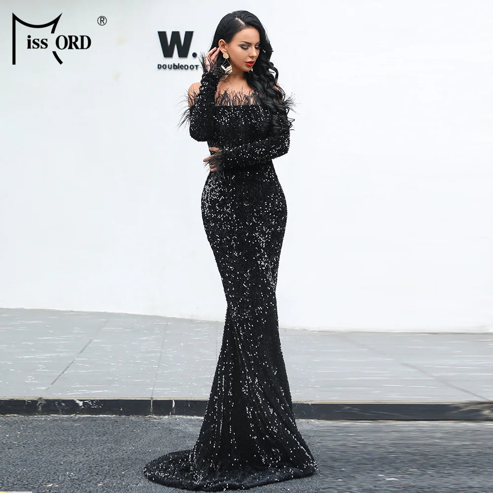 Women Off Shoulder Long Sleeve Feather Dress. Elegant Sequin Maxi Dress