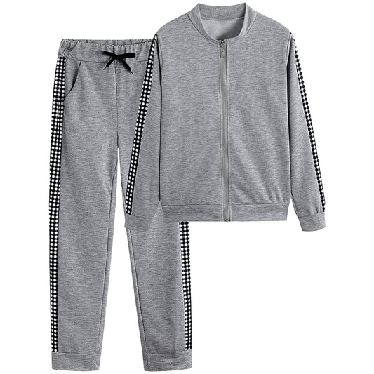 Print & Plaid Zip-Front Top and Tie-Waist Pants Set, 2-Piece Casual Loungewear For Women Spring And Fall