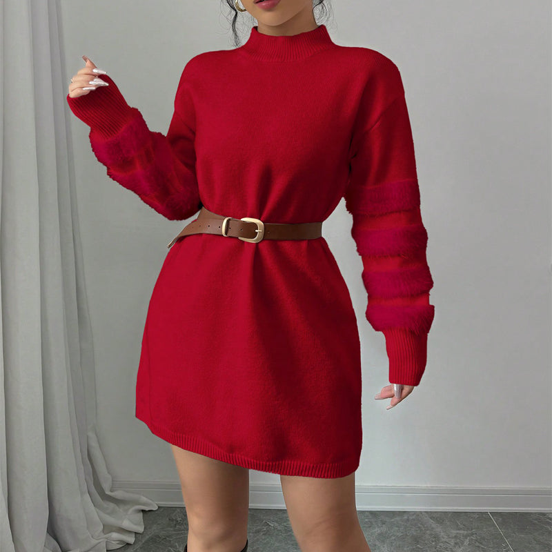 Women's Plush Long Sleeve Mini Dress, Solid Color A-Line Fitted Dress, With Faux Fur Trim For Winter Parties