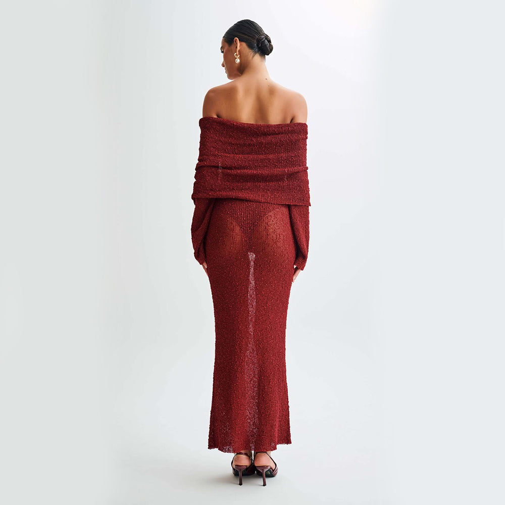 One-shoulder Knitted Long-sleeved Dress. Sexy Beach Holiday Long Dresses Womens Clothing