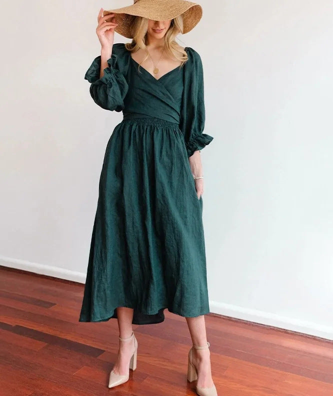Women's Clothing V-neck Half Sleeves. Front And Back Wearable Type Dress